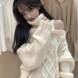 Sexy Off Shoulder Solid Turtleneck Knitted Sweater