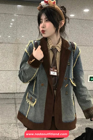 Long Sleeve Retro Corduroy Patchwork Denim Coat Jacket