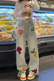 High Waist Cute Mushroom Embroidered Jeans Pants