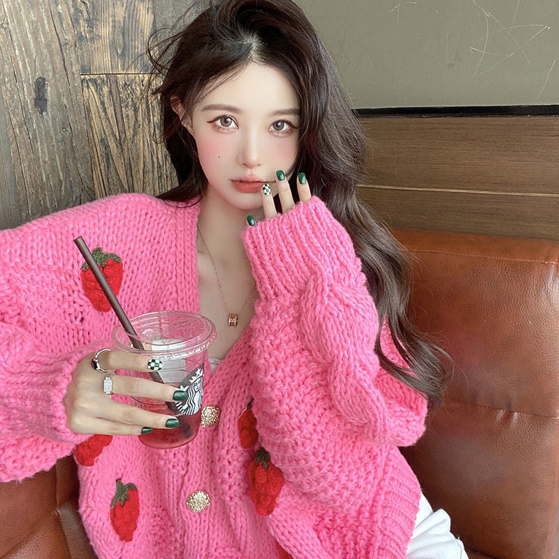 Loose Strawberry Pattern Knitted Cardigan Sweater – Nada Outfit Land