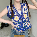 Sleeveless Floral Embroidered Blue Crochet Vest Sweater