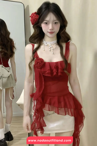 Sexy Sleeveless Irregular Red Crop Tops