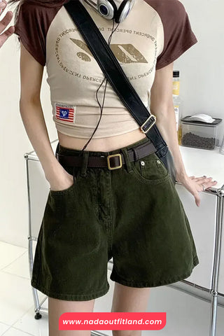 High Waist Green Denim Casual Shorts