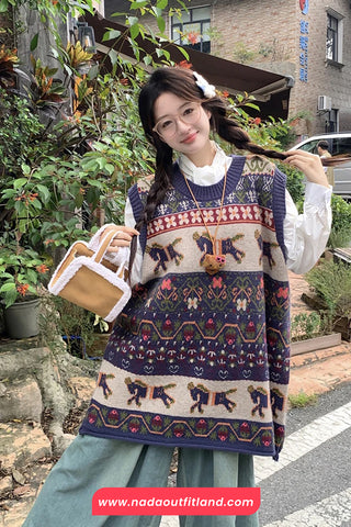 Sleeveless Cute Horse Cartoon Knitted Vest Sweater