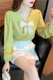 Long Sleeve V-Neck Cute Bow Blouse Shirt