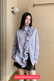Long Sleeve Vintage Striped Ruffles Irregular Blouse Shirt