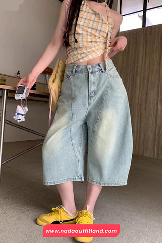 Loose Knee Length Casual Denim Shorts