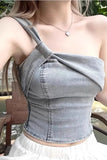Denim top worn by a person with a blurred background