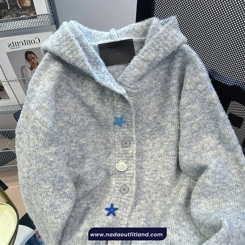Ocean Theme Button Hooded Cardigan Sweater