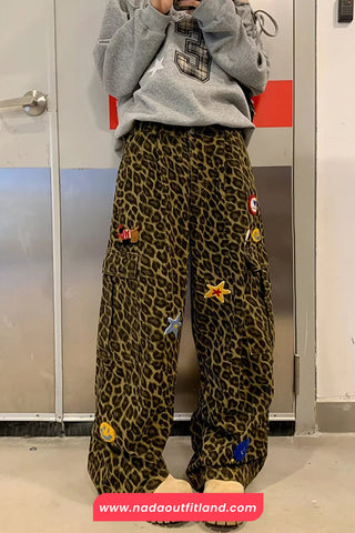 Loose Cute Embroidered Hip Hop Leopard Pattern Cargo Pants