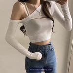Long Sleeve Sexy One Shoulder Cropped Slim Shirt