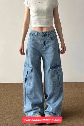 High Waist Retro Cargo Pockets Jeans Pants