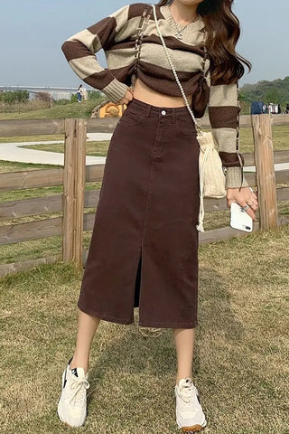 High Waist Front Slit A-Line Denim Skirts