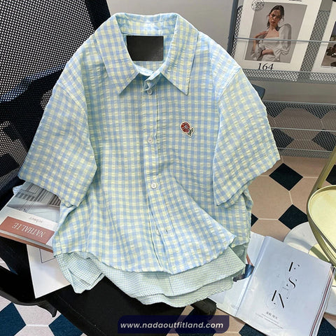 Short Sleeve Cute Flower Pocket Embroidered Plaid Blouse Shirt