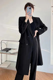 Person wearing a long black coat taking a mirror selfie indoors.