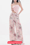 High Waist Floral Pattern Pink Pants