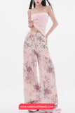 High Waist Floral Pattern Pink Pants