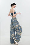High Waist Floral Pattern Long Ripped Jeans Pants