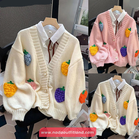 Cute Chunky Fruits Pattern V-Neck Cardigan Sweater