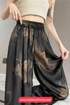 Elastic Waist Floral Pattern Black Long Pants