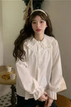 Long Sleeve Doll Collar Wrinkled Blouse Shirt