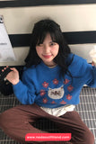 Long Sleeve Cat Embroidered O-Neck Blue Sweater