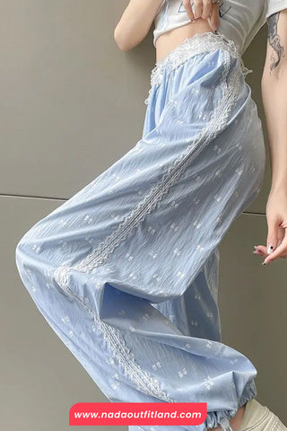 Loose Bow Pattern Printed Lace Blended Jogger Sweatpants
