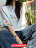 Short Sleeve Garden Flower Embroidered O-Neck Shirts