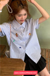 Short Sleeve Cute Bear Embroidery Plaid Blouse Shirt