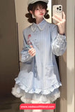 Turn Down Collar Flower Embroidered Lace Patchwork Striped Long Dress