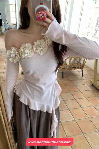 Long Sleeve 3D Floral Skew Collar Irregular Shirts