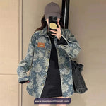 Long Sleeve Retro Flowers Pattern Denim Blouse Shirt
