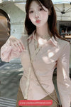 Long Sleeve Lace Patchwork Pink Blouse Shirt