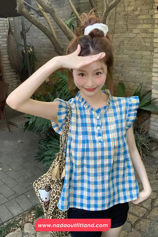 Cute Sleeveless O-Neck Plaid Blouse Shirt