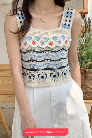 Square Collar Knitted Embroidery Crochet Tank Top