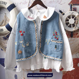 Cute Garden Embroidered V-Neck Lace Stitching Denim Vest