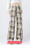 Elastic Waist Plaid Pattern Vintage Long Pants