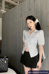 Sexy 3D Flower Striped Elegant Cropped Blouse Shirt
