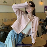 Long Sleeve Retro O-Neck Cropped Pink Tweed Jackets