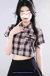 Short Sleeve Pink Plaid Cropped Blouse Shirt