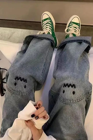 Cute Monster Emoji Embroidered Jeans Pants