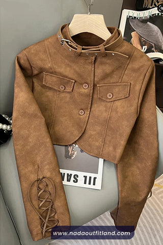 Long Sleeve Belted Neck Brown Leather Cropped Jacket