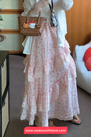 High Waist Cute Bow Pattern Pink Summer Maxi Skirts