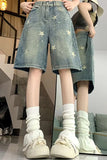 Loose Stars Pattern Washed Color Denim Shorts