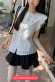 Sleeveless Hearts Printed Lace Patchwork Blouse Shirt