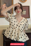 Short Sleeve V-Neck Loves Pattern Blouse Shirt