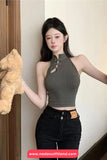 Sexy O-Neck Chinese Button Crop Tops