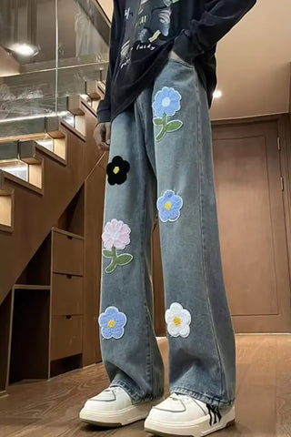 Casual Floral Embroidered Men Jeans Pants
