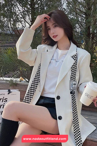 Loose Checkered Spliced Blazer Coat Jacket