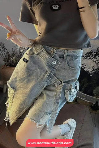 High Waist Irregular Style Ripped Denim Shorts
